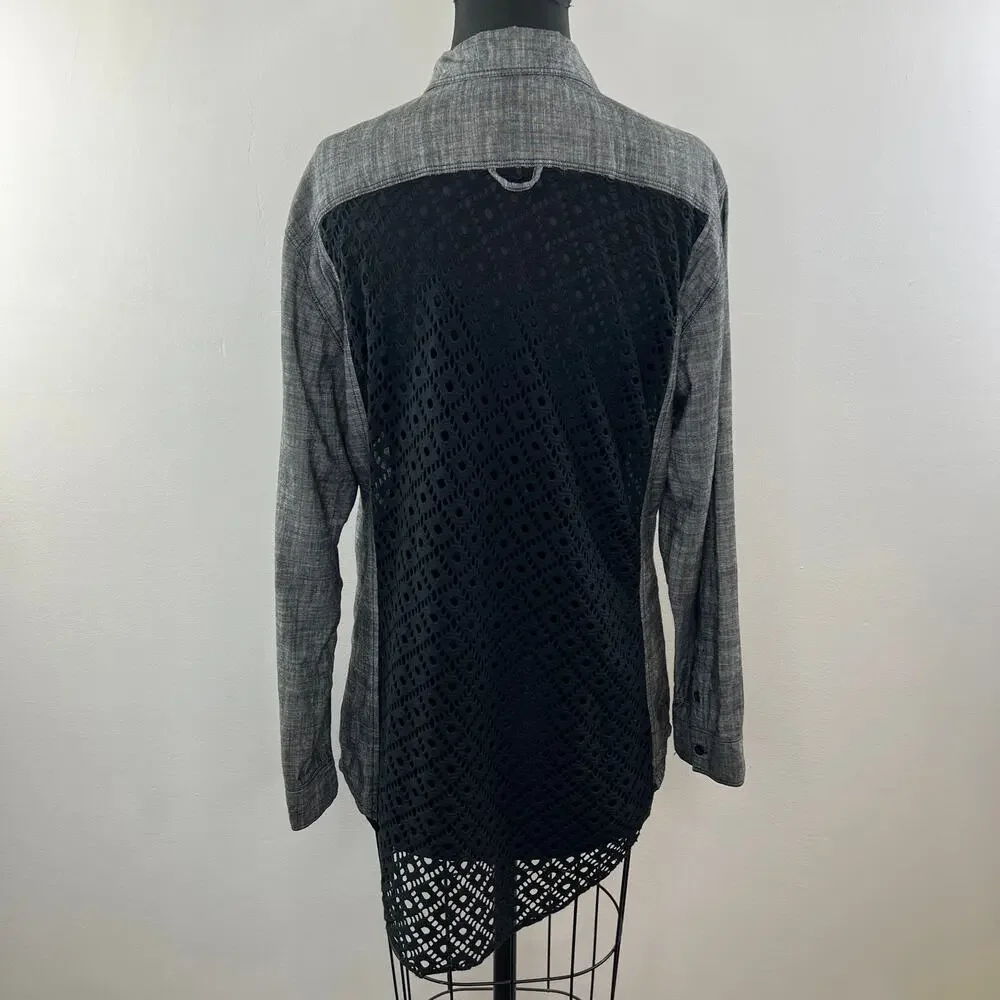 FREE PEOPLE Gray Cotton Long Sleeve Button Down Laser Cut Back Blouse Size L